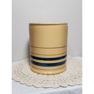 Vintage Over & Back Yellow Ware Lg Canister Blue Brown Stripes Farmhouse Crock